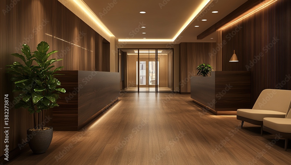 Fototapeta premium Modern Hotel Lobby Interior with Dark Wood and Warm Lighting
