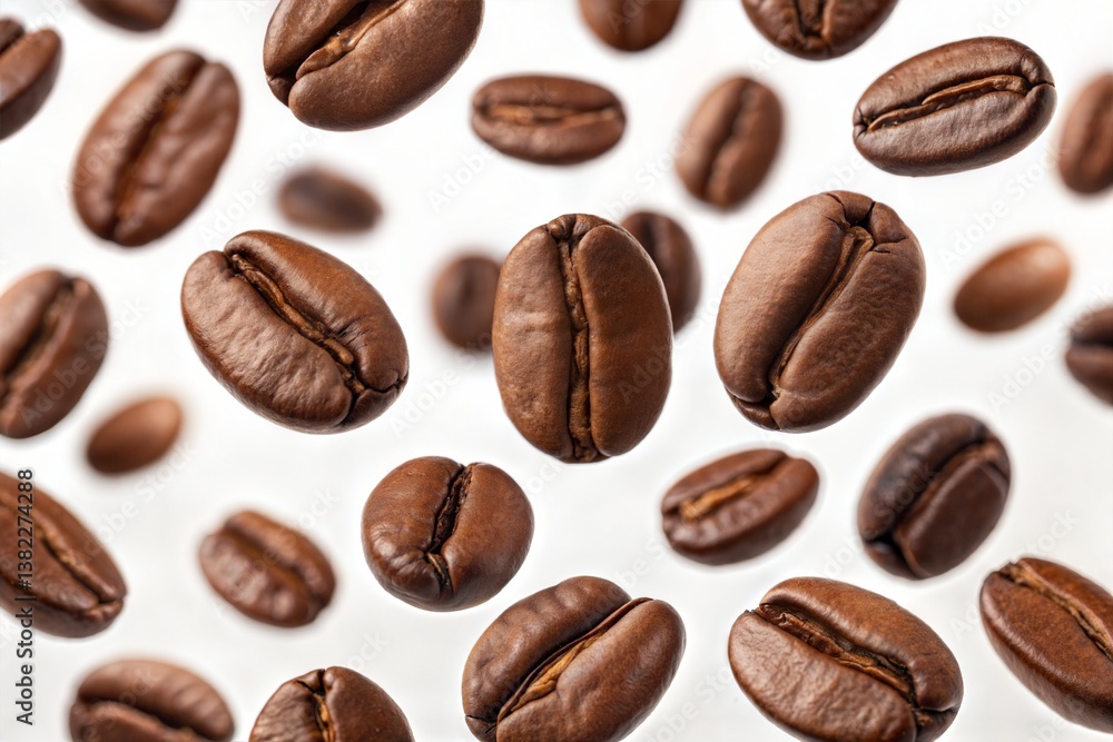 Flying roasted coffee beans on white background, dynamic macro close-up of aromatic brown beans in motion, representing energy, caffeine boost, and premium coffee quality with high detail Flying roasted coffee beans on white background, dynamic macro close-up of aromatic brown beans in motion, representing energy, caffeine boost, and premium coffee quality with high detail