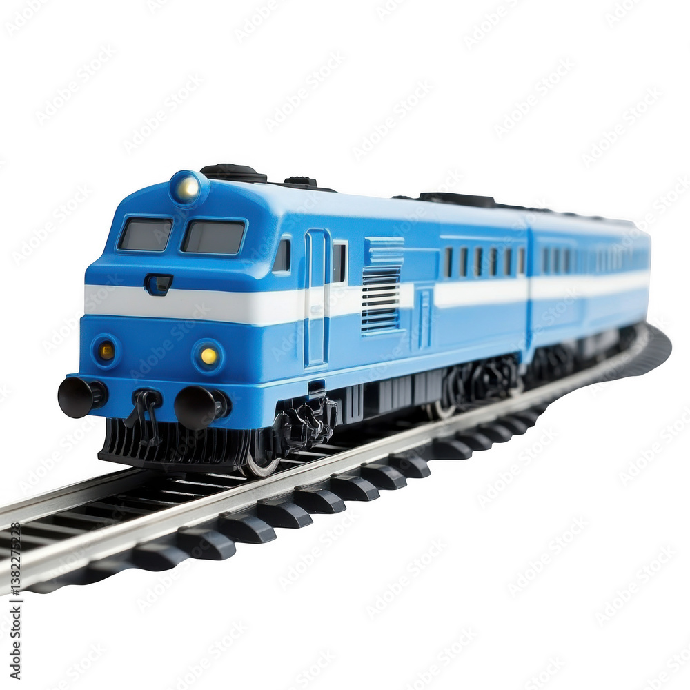 Fototapeta premium a blue and white train on tracks isolated on transparent background