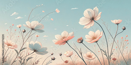 pale colours, flowers on the clear sky background