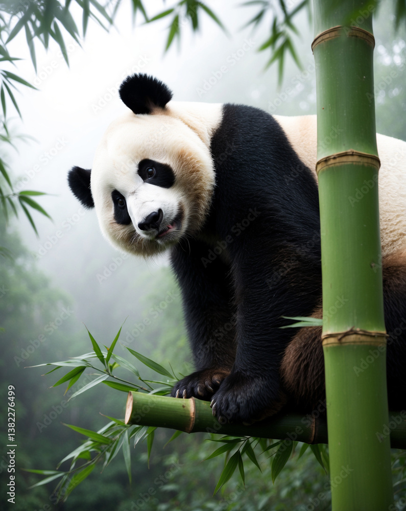 Obraz premium Giant Panda Resting on Bamboo in Misty Chinese Forest, Endangered Species