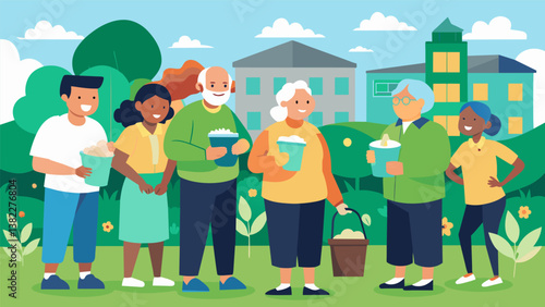 A group of seniors gathered in the school courtyard organizing a community cleanup event for their capstone project centered on environmental conservation.. Vector illustration