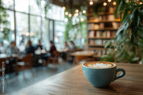 Latte art coffee in blue ceramic cup placed on wooden table inside modern cafe with blurred background of people, bookshelf and warm lighting. Concept of coffee culture, lifestyle, and relaxation.