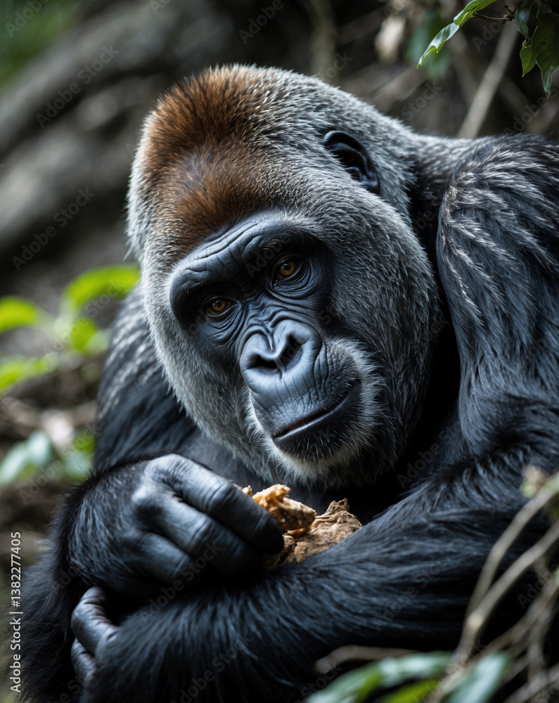 Fototapeta premium Critically Endangered Mountain Gorilla in Natural Habitat, Intimate Conservation Moment