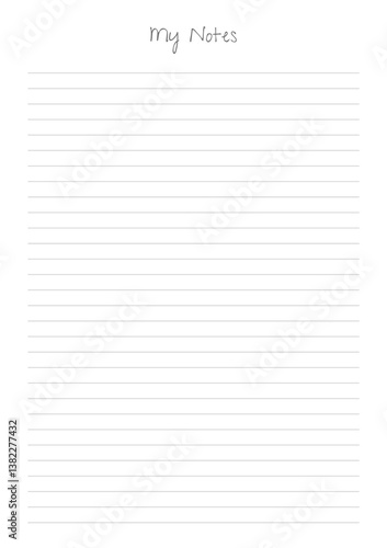 MY NOTES blank sheet of paper with straight parallel lines on white isolated background. Vector illustration.