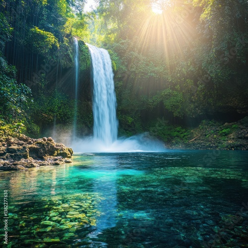 Serene waterfall cascading into crystal-clear turquoise waters, sunlit canopy