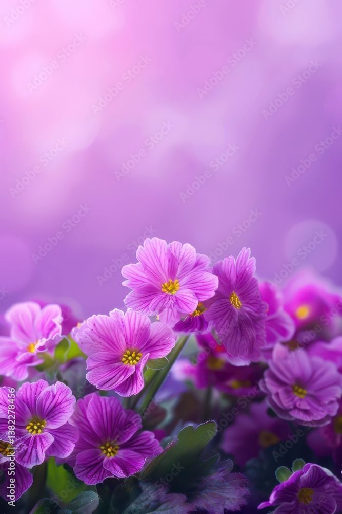 Beautiful primula flowers on a soft pink spring background for seasonal design. Light pink spring background. Bokeh effect. Vertical banner. Copy space Beautiful primula flowers on a soft pink spring background for seasonal design. Light pink spring background. Bokeh effect. Vertical banner. Copy space