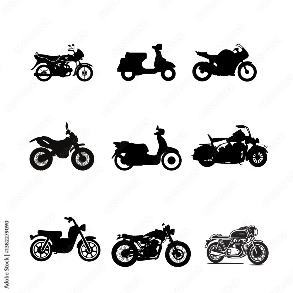 Obraz premium Motorcycle Type and Model icons Set. Vector black illustration isolated on white background with shadow.