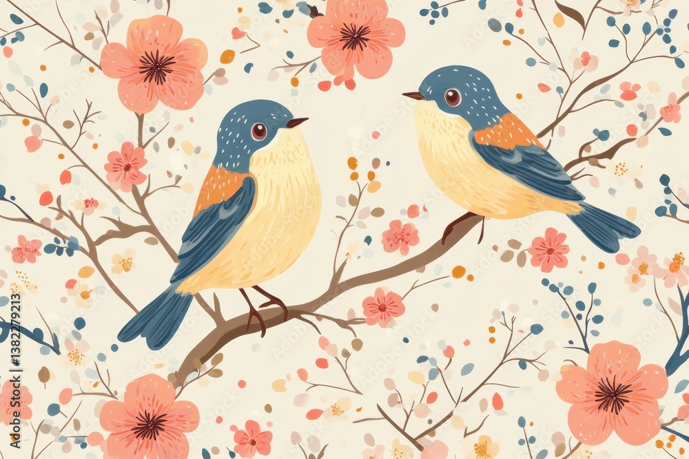 Charming pattern featuring playful birds and vibrant flowers on a soft pastel canvas, perfect for enhancing cheerful designs Charming pattern featuring playful birds and vibrant flowers on a soft pastel canvas, perfect for enhancing cheerful designs