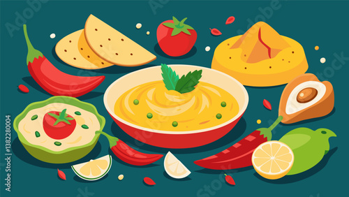 A spread of different flad hummus including classic garlic y red pepper and tangy lemon served with toasted pita chips for a proteinpacked snack.. Vector illustration