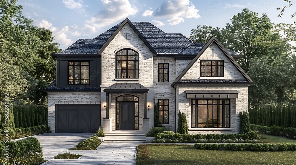 Modern House Design Highlighted in a Close Up, Realistic Front View Modern House Design Highlighted in a Close Up, Realistic Front View