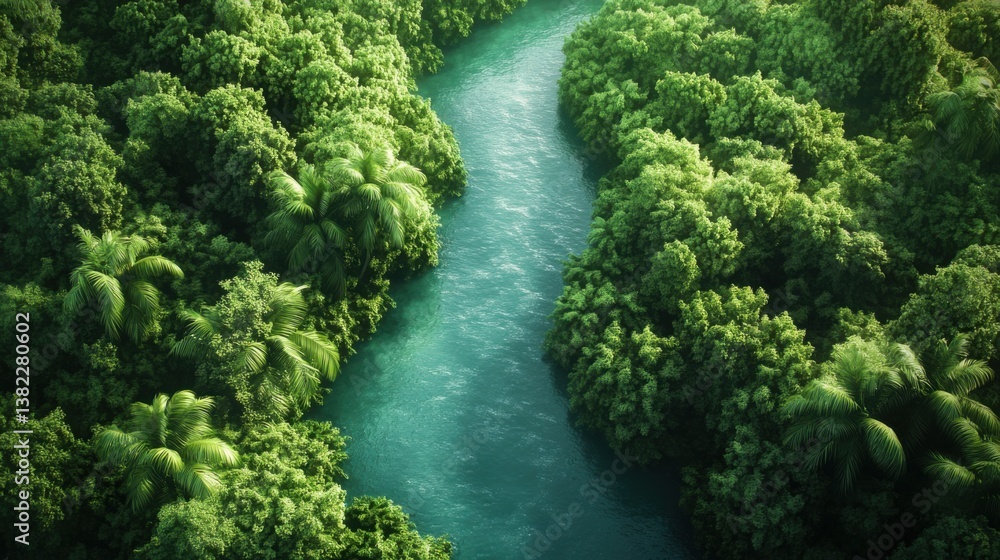 Rainforest Background with a serene river, winding through the rainforest, Rainforest Background with a serene river, winding through the rainforest,