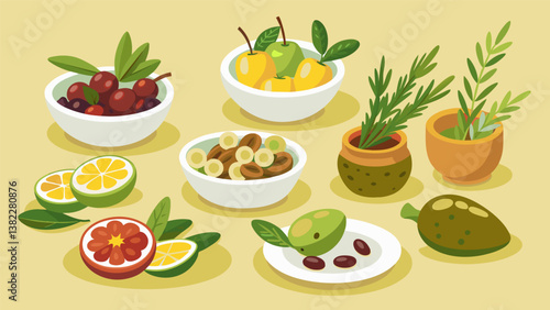 A selection of gourmet olives marinated in a variety of herbs and es beautifully displayed in individual dishes.. Vector illustration