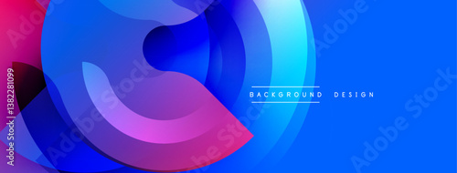 Abstract shapes overlap, creating vibrant blue, purple, pink gradients. Smooth curves suggest movement, modern design. Background is bright, clean.