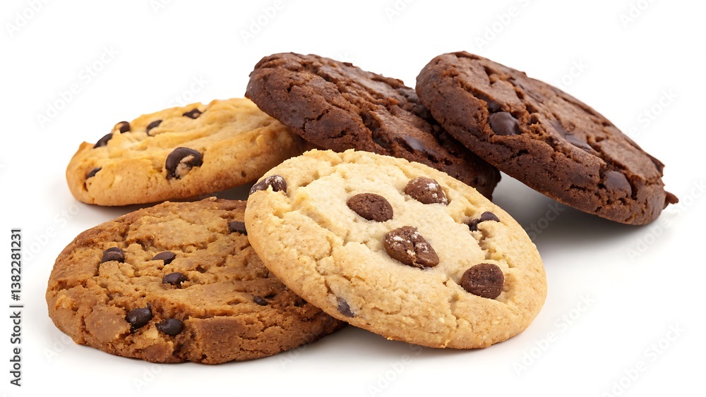 A variety of cookies isolated on a clean white background, showcasing different textures and rich colors for an inviting presentation. A variety of cookies isolated on a clean white background, showcasing different textures and rich colors for an inviting presentation.