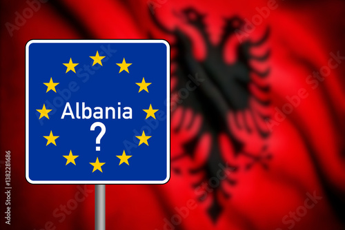 Bilde på lerret Flags of Albania and European Union shield with a question mark for the unknown