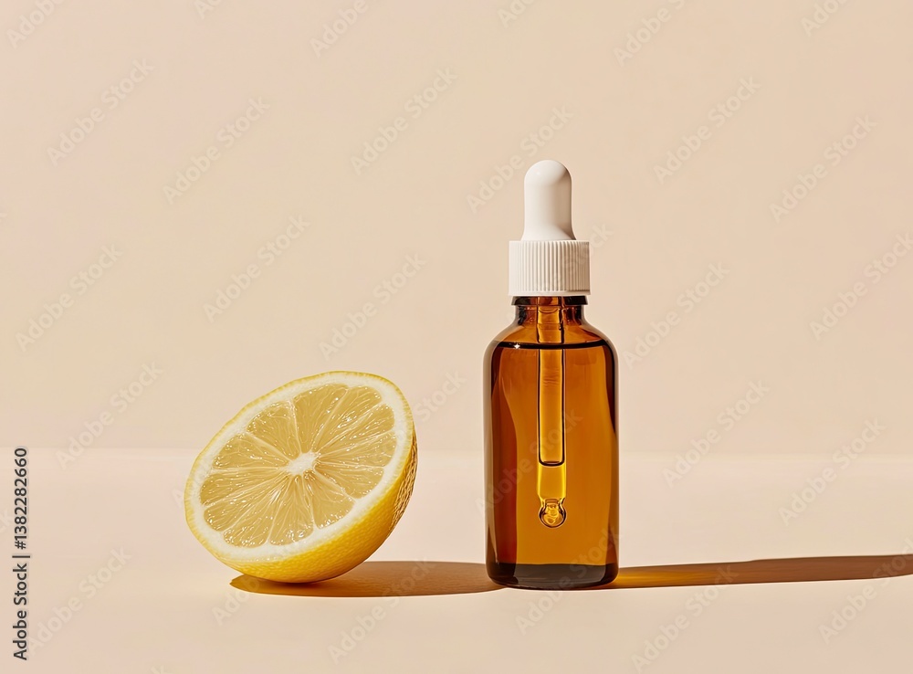 Lemon and Essential Oil Dropper Bottle Still Life for Wellness Lemon and Essential Oil Dropper Bottle Still Life for Wellness