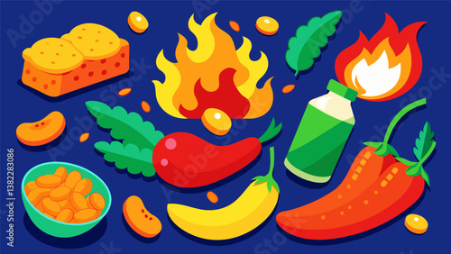A sizzling assortment of y treats from flaming hot Cheetos to bold wasabi peas.. Vector illustration