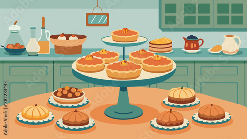 A charming country kitchen with a metal pie stand showcasing homemade pies and tarts straight from the oven.. Vector illustration