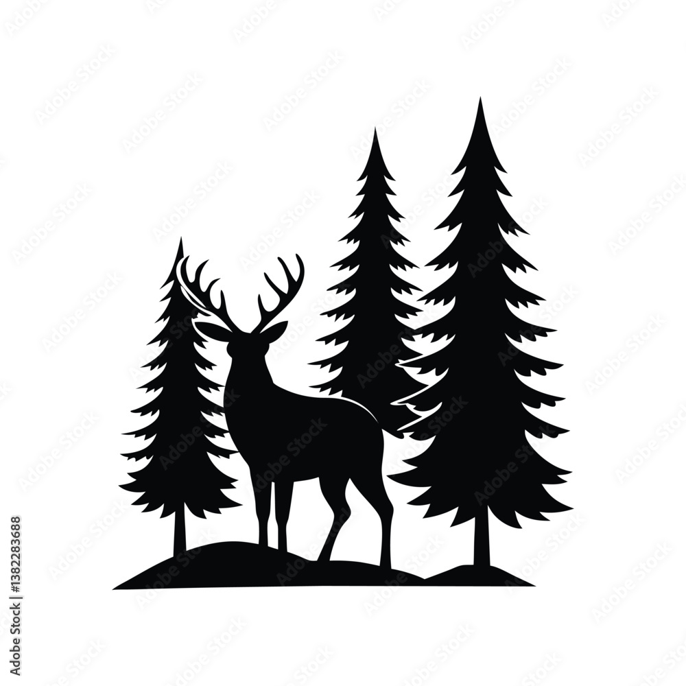 A vector illustration depicts a Christmas tree with a deer silhouette in a snowy winter landscape. A vector illustration depicts a Christmas tree with a deer silhouette in a snowy winter landscape.