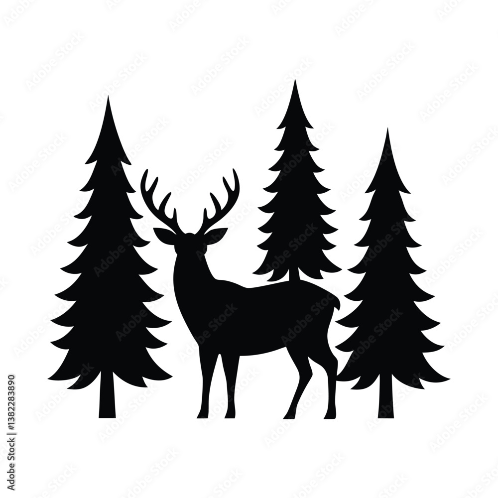 A vector illustration depicts a Christmas tree with a deer silhouette in a snowy winter landscape. A vector illustration depicts a Christmas tree with a deer silhouette in a snowy winter landscape.