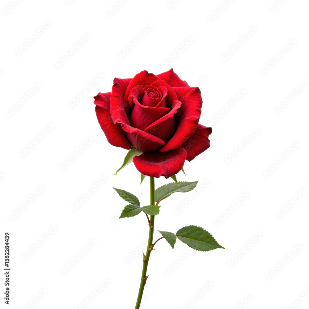 A beautiful red rose with a vibrant bloom and lush green leaves, perfect for any romantic or elegant design. A beautiful red rose with a vibrant bloom and lush green leaves, perfect for any romantic or elegant design.