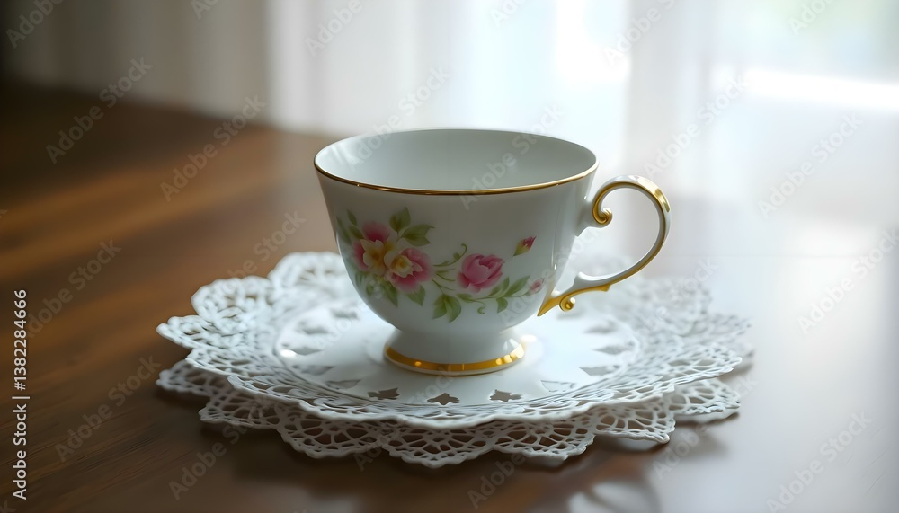 cup on a doily on a table cup on a doily on a table