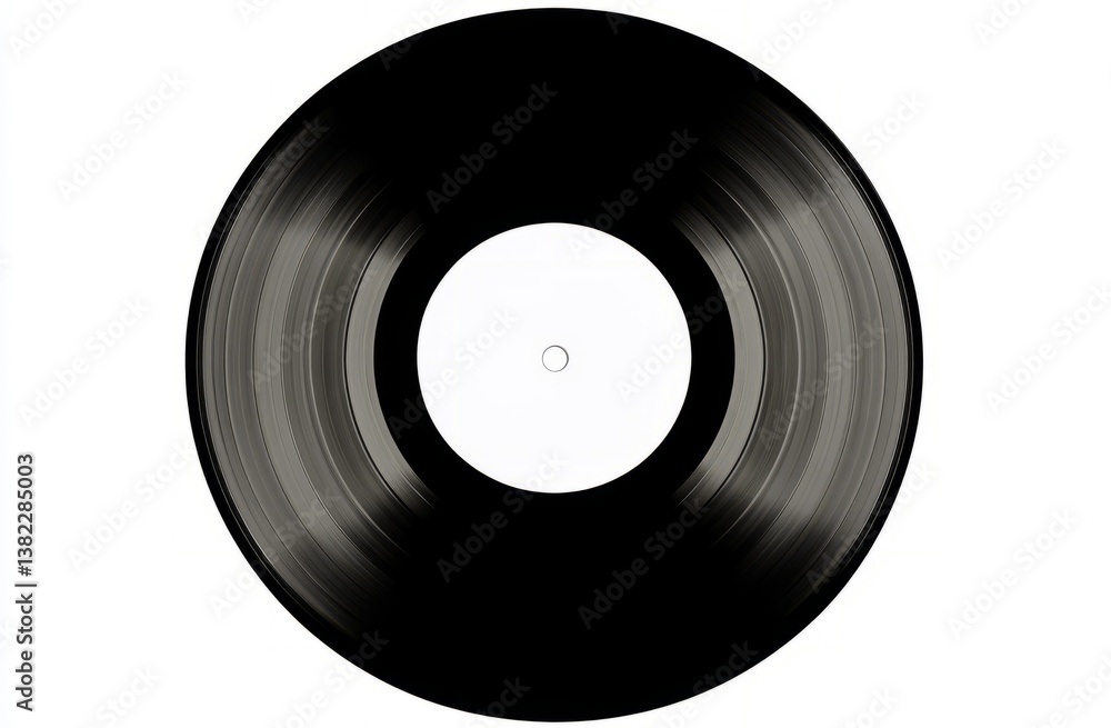 Obraz premium A black vinyl record with visible grooves and a white center label, isolated on a white background. Focus on music and vintage technology.