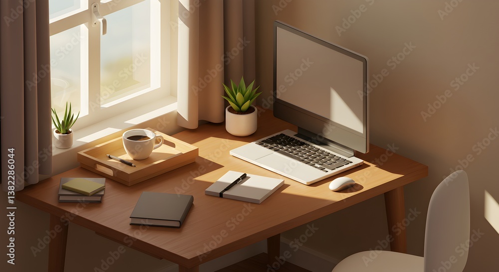 Fototapeta premium Sunlit Workspace Minimalist Home Office Desk Setup