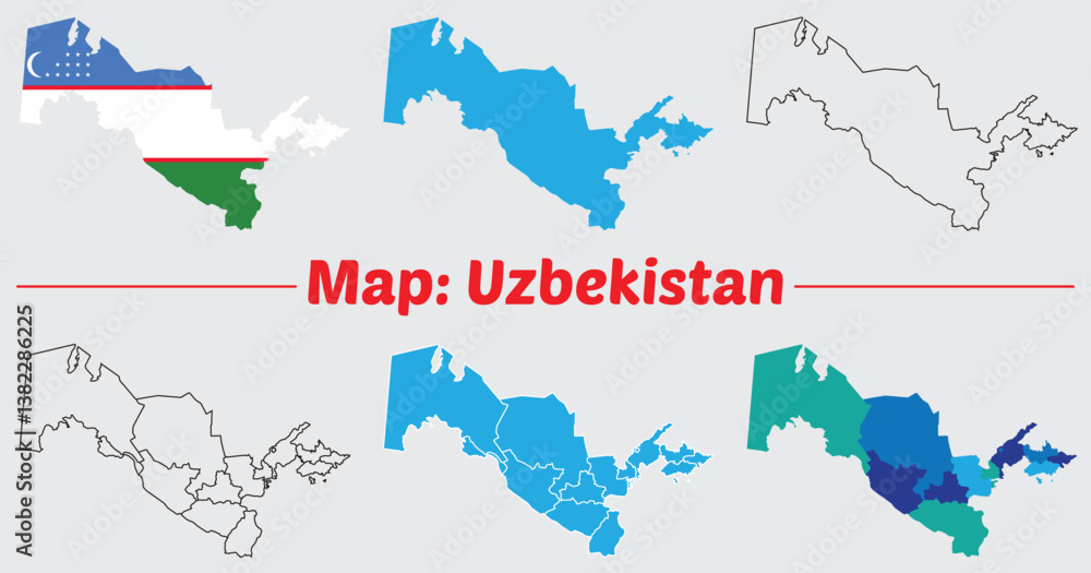 Obraz premium Maps of Uzbekistan, Outline, and Regional Divisions, Uzbekistan country map set. internal provinces borders marked, Simple map of Uzbekistan vector drawing.