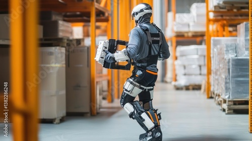Futuristic warehouse operative with advanced exoskeleton suit carrying crate