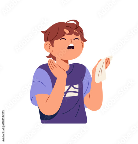 Sick child with nose tissue sneezes. Ill kid with handkerchief coughs. Little boy suffers from allergic rhinitis, flu, cold, influenza symptom. Flat isolated vector illustration on white background