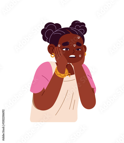 Ill child with temperature, sweat from fever. Little black girl is sick, suffers from flu, influenza symptoms. Kid feels bad, unwell from cold, disease. Flat isolated vector illustration on white