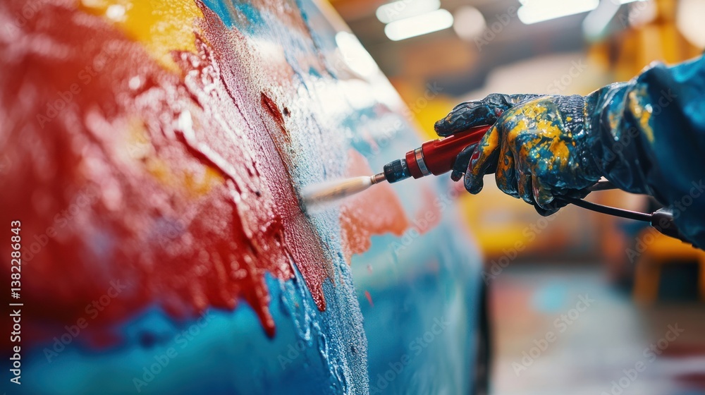 Fototapeta premium Colorful car body art application. A person applies vibrant paint to a vehicle's surface