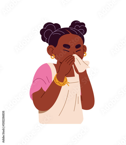 Little black girl is sick with runny nose, blows into handkerchief. Ill kid, child sneezes into tissue, suffers from allergic rhinitis, flu, cold, influenza. Flat isolated vector illustration on white