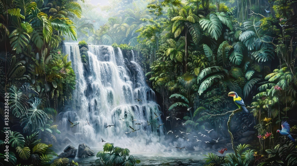 Lush jungle scene featuring a waterfall, tropical plants, and vibrant birds. Lush jungle scene featuring a waterfall, tropical plants, and vibrant birds.