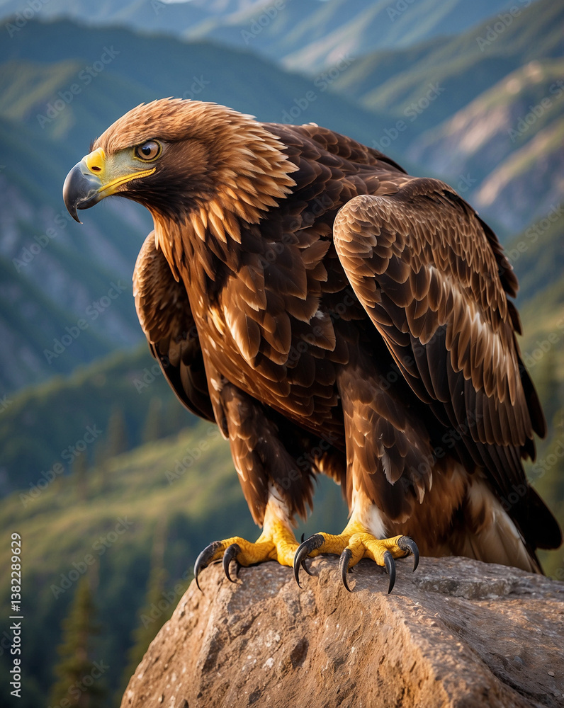 Fototapeta premium Majestic Golden Eagle Perched Over Mountain Landscape, Power and Resilience