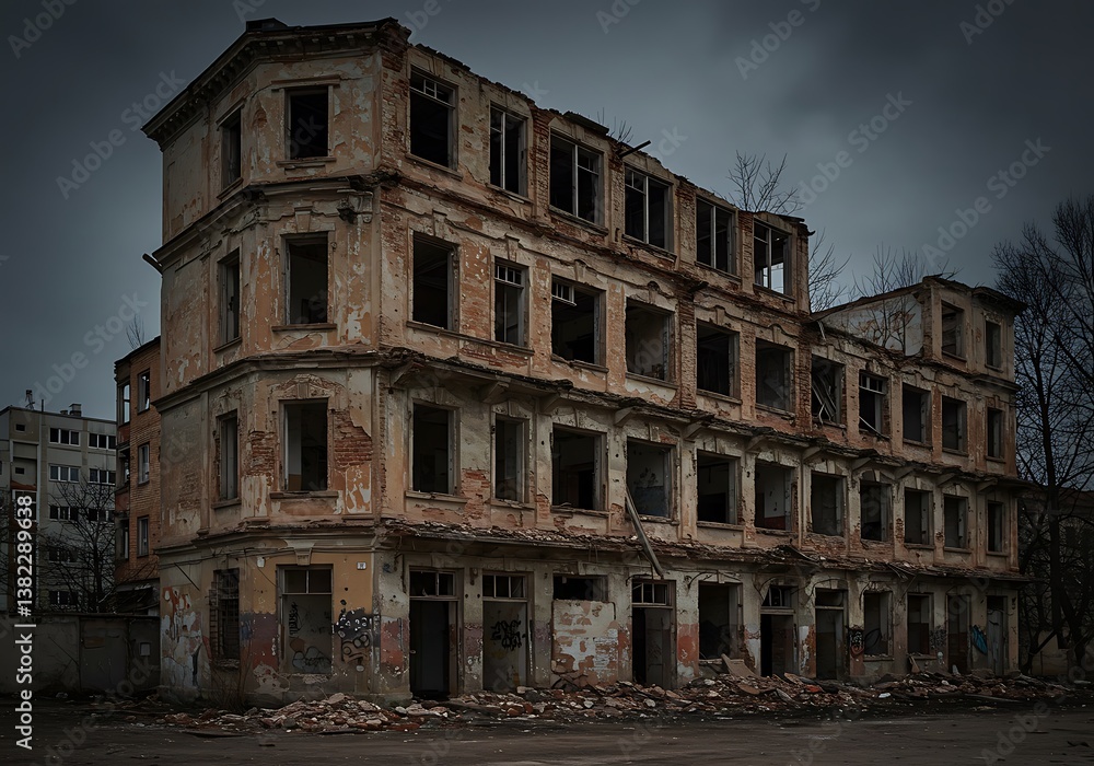 Fototapeta premium A haunting derelict building whispers tales of forgotten lives and lost glory under a brooding, overcast sky.