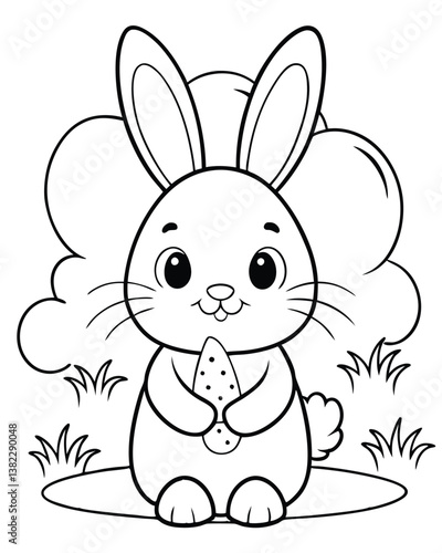 Easter bunny line art drawing silhouette vector, rabbit holding a carrot illustration coloring book page