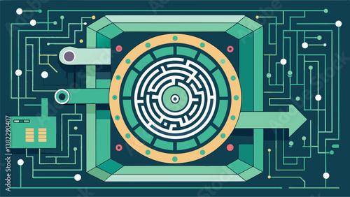 A maze of intricate patterns surrounding a digital vault symbolizing the complex layers of encryption shielding critical data.. Vector illustration