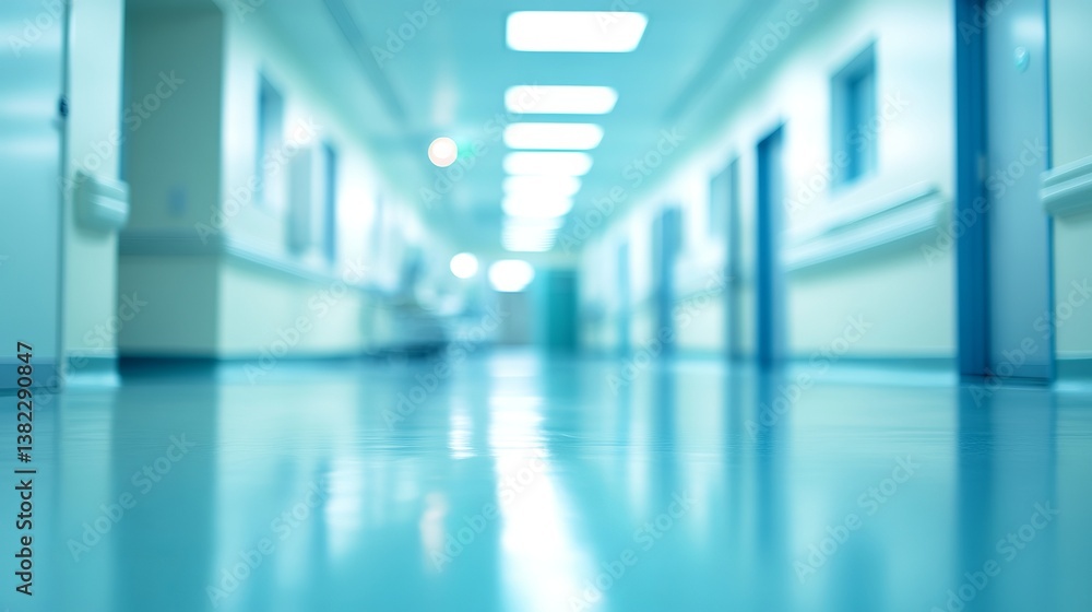 Blurred hospital hallway with shiny floor and doors leading to patient rooms or offices Blurred hospital hallway with shiny floor and doors leading to patient rooms or offices