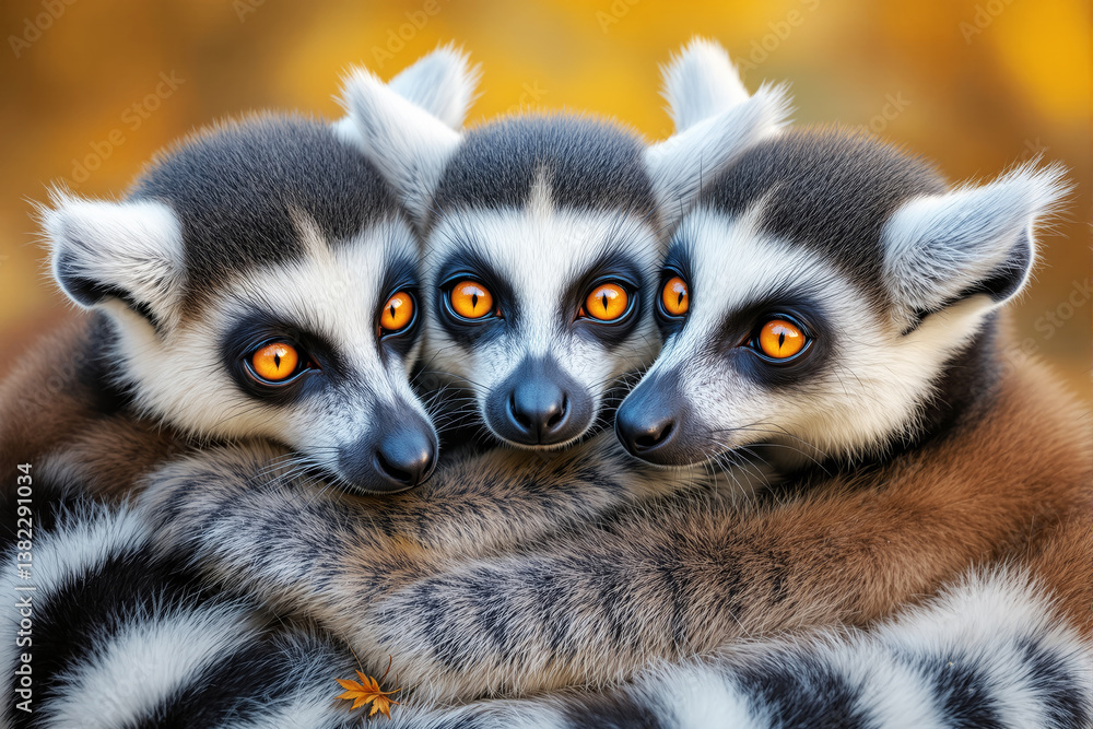 Obraz premium Three lemurs with striking orange eyes embrace each other, forming a warm and close bond against a blurred golden background.