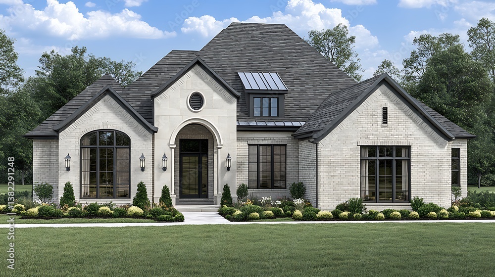 Obraz premium Photorealistic View of a Contemporary House's Elegant Front Entrance