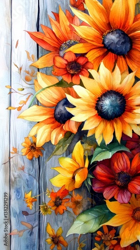 Vibrant Autumn Sunflowers and Flowers against Weathered Wood
