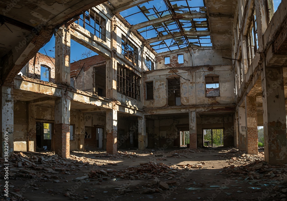 A haunting glimpse into time's passage within a crumbling industrial ruin, bathed in sunlight filtering through a shattered skylight. A haunting glimpse into time's passage within a crumbling industrial ruin, bathed in sunlight filtering through a shattered skylight.