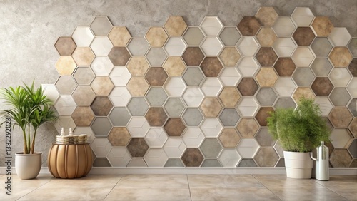 Modern Hexagon Tile Wall Decor with Potted Plants and Stylish Table