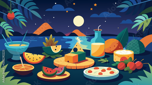 A balmy summer night is the perfect setting for a tropicalthemed cheese tasting with exotic fruits and y cheeses giving guests a taste of paradise.. Vector illustration