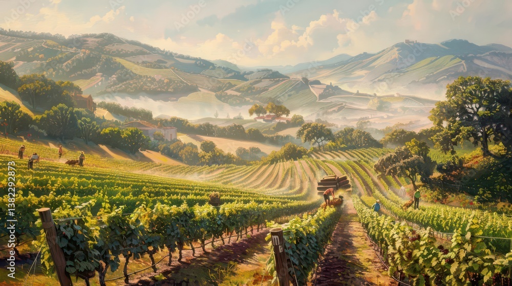 Fototapeta premium A picturesque vineyard landscape with rolling hills and workers harvesting grapes.