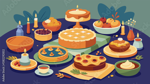 A beautiful table set with an assortment of fragrant savory pies and quiches each one golden and inviting.. Vector illustration