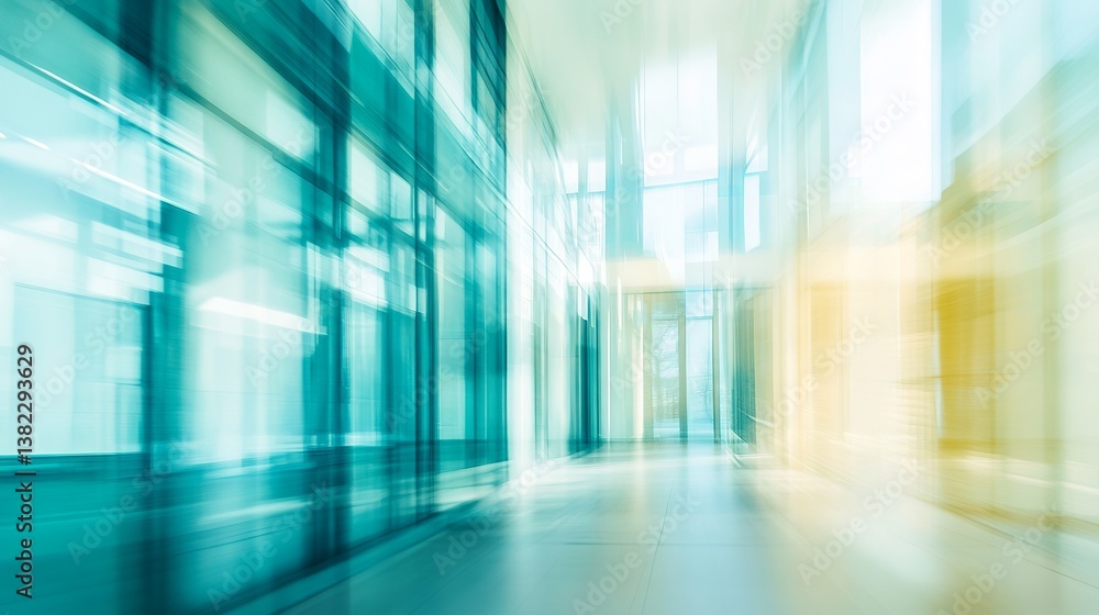 Abstract blurred view of a modern office building interior with glass walls and light filled corridor Abstract blurred view of a modern office building interior with glass walls and light filled corridor